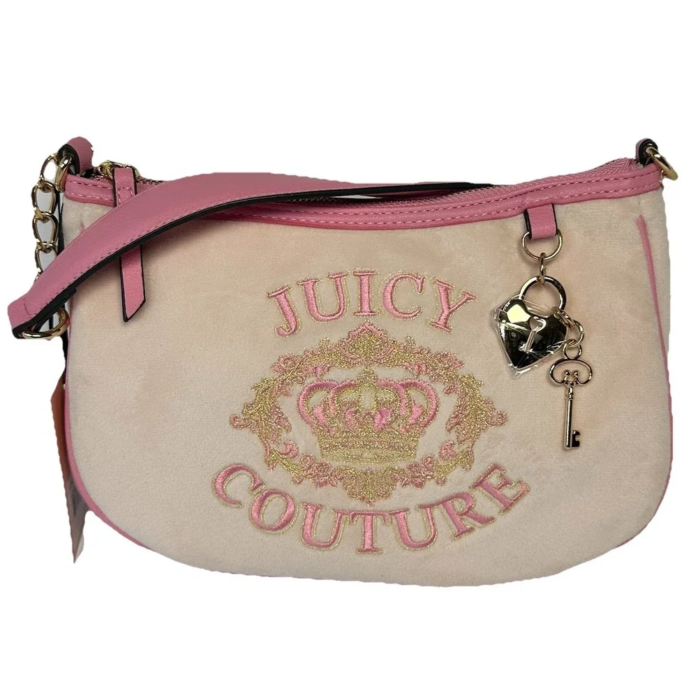 Juicy Couture Velour Shoulder Bag Pink Cream Crown Embroidered Charm NWT Y2K